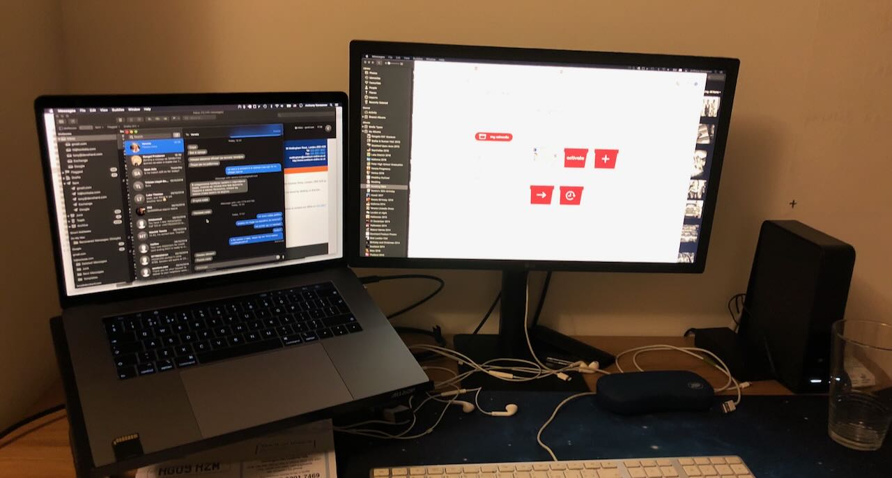 My laptop looks huge next to a 22-inch screen in that tight corner